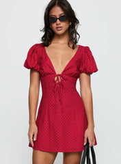 Beloved Puff Sleeve Linen Blend Mini Dress Red Polka