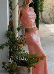 Emalia Sheer Sequin Maxi Skirt Orange