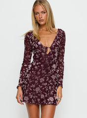 Raylena Long Sleeve V-neck Mini Dress Burgundy Floral