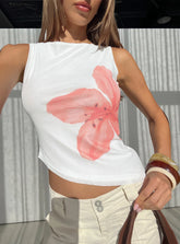 Brontee Boat Neck Asymmetrical Graphic Tank Top White