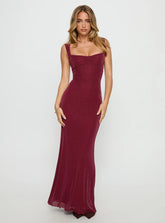 Crisanto Tie Up Ruched Maxi Dress Burgundy