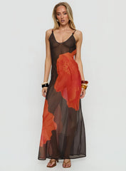 Carita Sheer Chiffon Maxi Dress Brown / Orange Floral