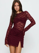 Best You Had Mesh Long Sleeve Mini Dress Burgundy
