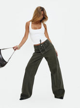 Bruiser Tie Waist Mid Rise Wide Leg Jeans Green Petite