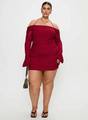 Taylon Off Shoulder Long Sleeve Mini Dress Red Curve