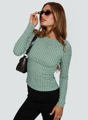Every Second Boat Neck Long Sleeve Top Green Check