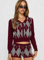 Raiven Knit Cardigan Burgundy Argyle