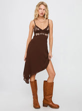 Secret Gardens Asymmetrical Midi Dress Brown