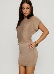 Kysa Off Shoulder Knit Mini Dress Beige