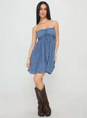 Held My Breath Strapless Babydoll Mini Dress Blue Gingham