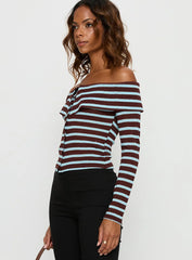 Raelena Off Shoulder Long Sleeve Top Blue / Brown Stripe