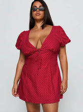Beloved Puff Sleeve Linen Blend Mini Dress Red Polka Curve
