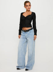 Set For Life Foldover Detail Long Sleeve Top Black / White Pinstripe