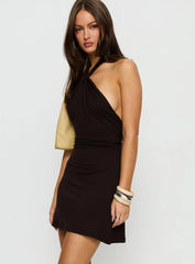 Korie Halter Twist Mini Dress Chocolate Brown