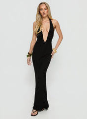 Emabella Plunge Halter Maxi Dress Black