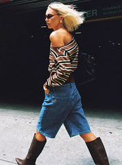 Retro Dream Mid Rise Longline Denim Shorts Mid Wash