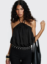 Mikki Tie Neck Button Detail Top Black