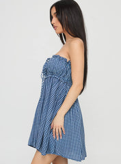 Held My Breath Strapless Babydoll Mini Dress Blue Gingham