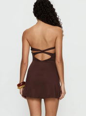 Mykah Strapless Ruched Mini Dress Brown