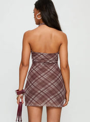 Kastles Halter Cut Out Mini Dress Brown Check