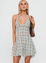 Valorie Halter Mini Dress Blue Check