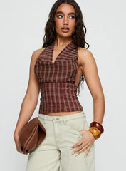 Kendia Plunge Halter Top Red Check