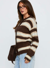 Cultivated Fluffy Knit Cardigan Brown Stripe