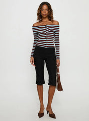 Raelena Off Shoulder Long Sleeve Top Blue / Brown Stripe