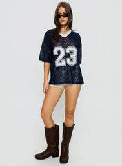 Lucky 23 Lace Jersey Graphic Top Navy