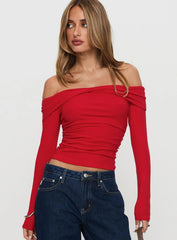 Sonnett Off Shoulder Twist Long Sleeve Top Red
