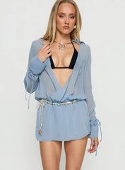 Opalina Belted Chiffon Playsuit Light Blue