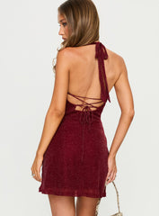 Hypnotise Ruched Halter Mini Dress Burgundy Shimmer