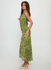 Stefanya Gathered Maxi Dress Green Floral