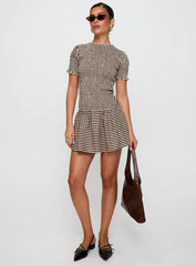 Laurita Shirred Mini Dress Brown Check Tall