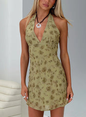 Mysterie Halter Mini Dress Green / Floral