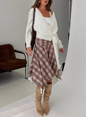 Scholar Asymmetrical Midi Skirt Brown Check