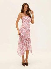 Coralis Strapless Asymmetrical Midi Dress Pink Paisley