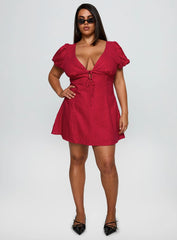 Beloved Puff Sleeve Linen Blend Mini Dress Red Polka Curve