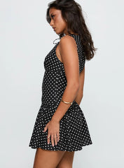 Alissea Keyhole Linen Blend Mini Dress Black Polka
