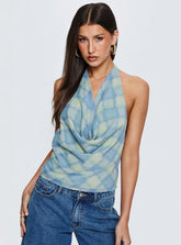 Karelyn Plunge Neck Top Teal Check