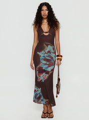 Maritsa Halter Beaded Maxi Dress Brown Floral