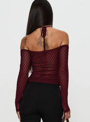 On My Side Off Shoulder Tie Neck Top Burgundy