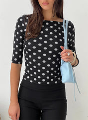 Venna 3/4 Sleeve Boat Neck Top Black / White Polka