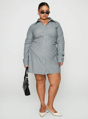 Publicity Long Sleeve Mini Dress Blue Pinstripe Curve