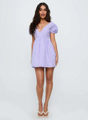 Chavelle Puff Sleeve Mini Dress Purple Check