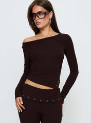 Wynna Eyelet Detail One Shoulder Top Chocolate