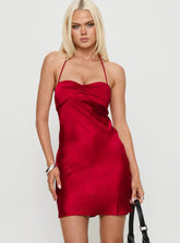 Pinot Noir Halter Ruched Mini Dress Red