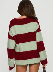 Nesha Fluffy Knit Sweater Red / Blue Stripe