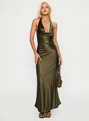 Iridescent Plunge Maxi Dress Olive Green