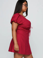 Beloved Puff Sleeve Linen Blend Mini Dress Red Polka Curve